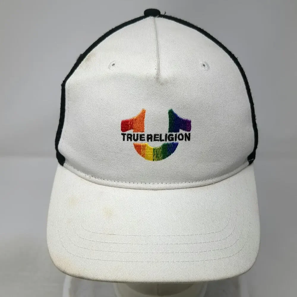 True Religion Trucker Hat White One Size Rainbow Logo Mesh Back Snapback Hat